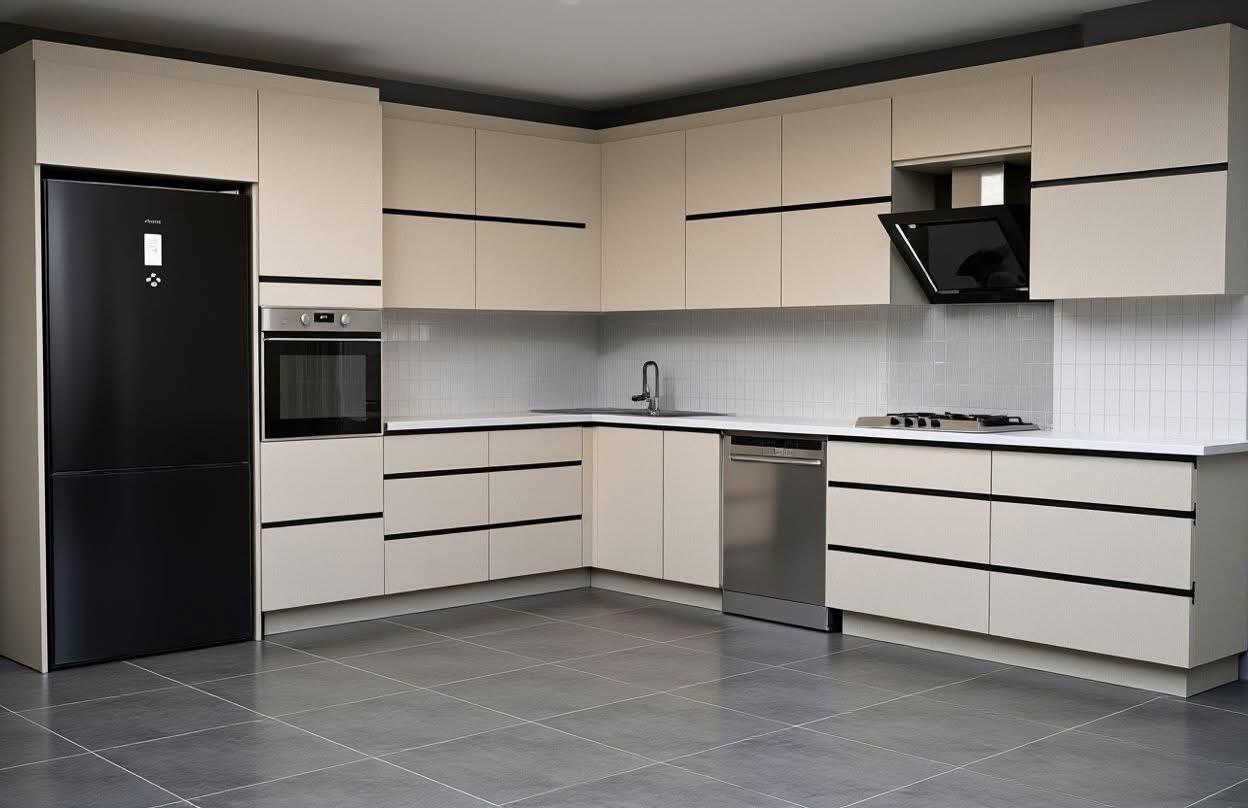 Krem Tonlarında Modern Köşe Mutfak: Siyah Ankastre ve Kulp Detayı